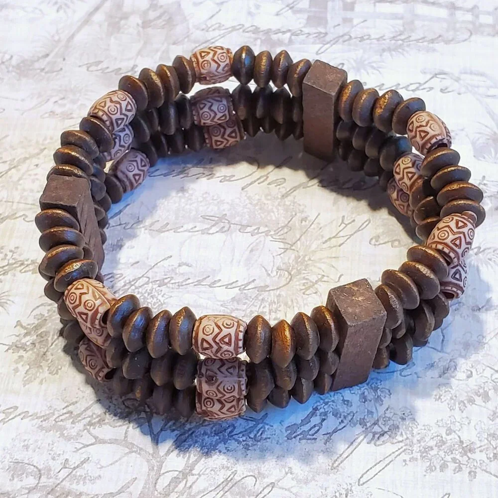90s Y2K Vintage Boho Brown Tan Wood Acrylic Saucer Beads Stretch Bracelet